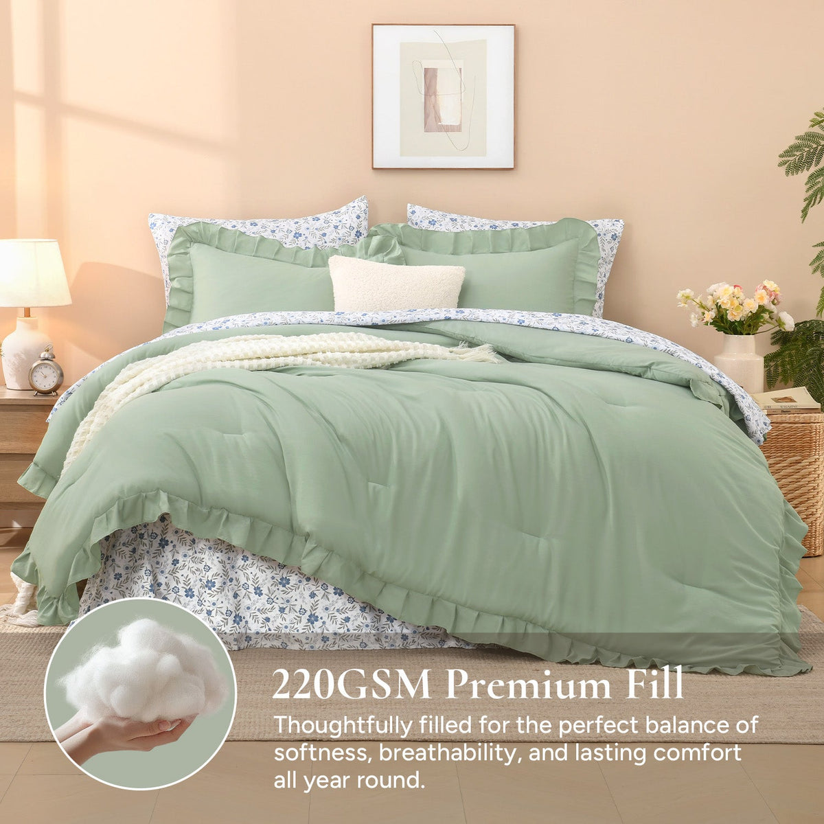 ANGENIA Comforter Set - 7 Pieces Ruffle Bedding Sets with Floral Sheets, Shabby Chic Farmhouse Bed in a Bag with Ruffle Comforter, Floral Sheets, Pillowcases & Shams - LITANIKA