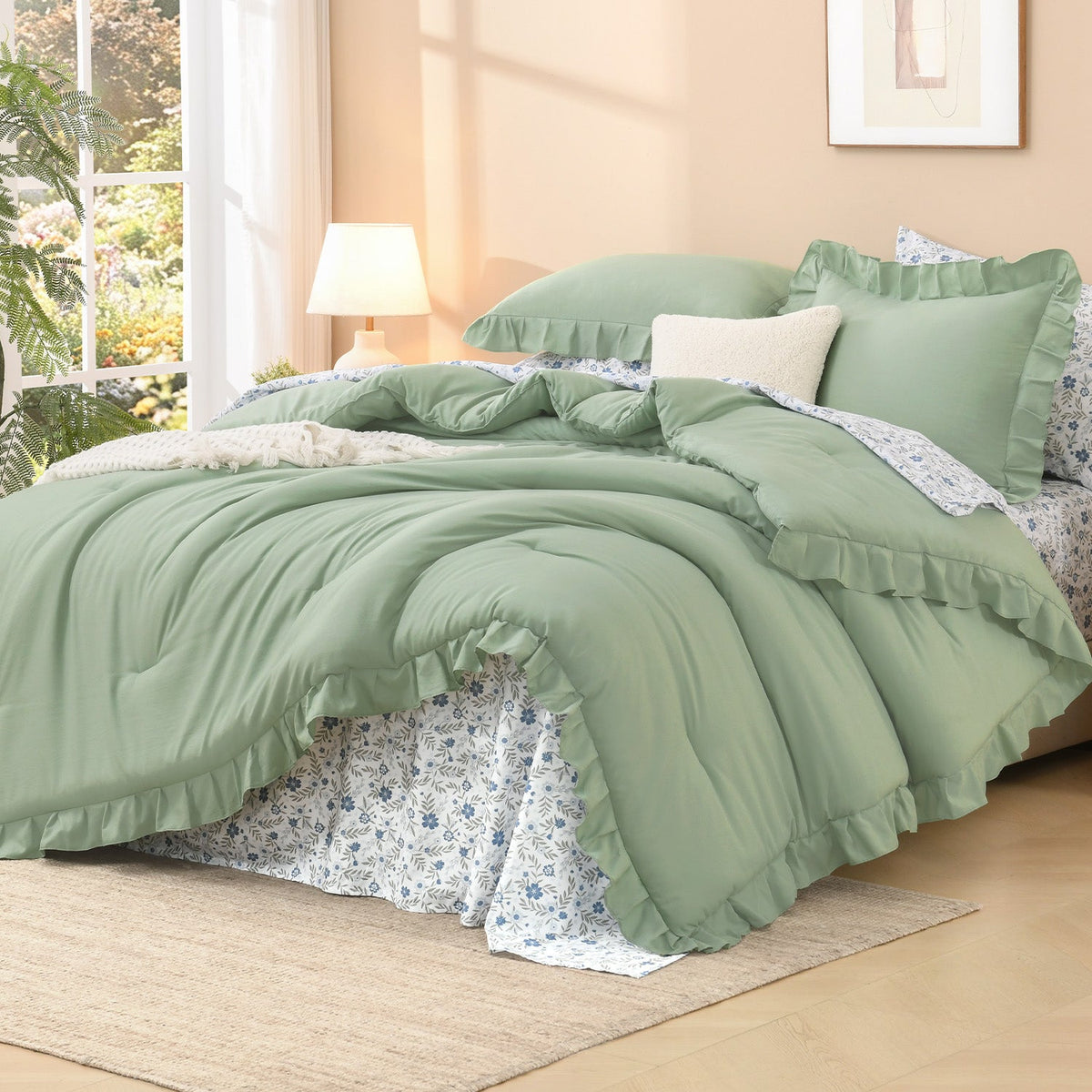 ANGENIA Comforter Set - 7 Pieces Ruffle Bedding Sets with Floral Sheets, Shabby Chic Farmhouse Bed in a Bag with Ruffle Comforter, Floral Sheets, Pillowcases & Shams - LITANIKA