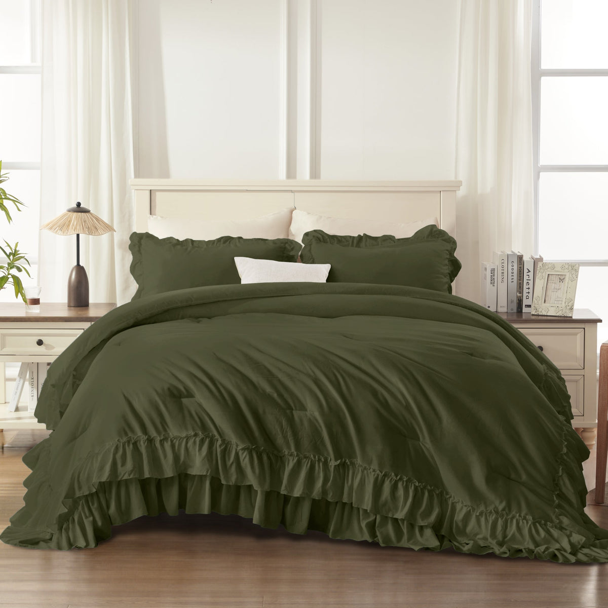 ANGENIA Ruffle Comforter Sets, 3 Pieces Farmhouse Vintage Comforter Sets for Bed, All Season Soft Cozy Fluffy Shabby Chic Bed Set - LITANIKA