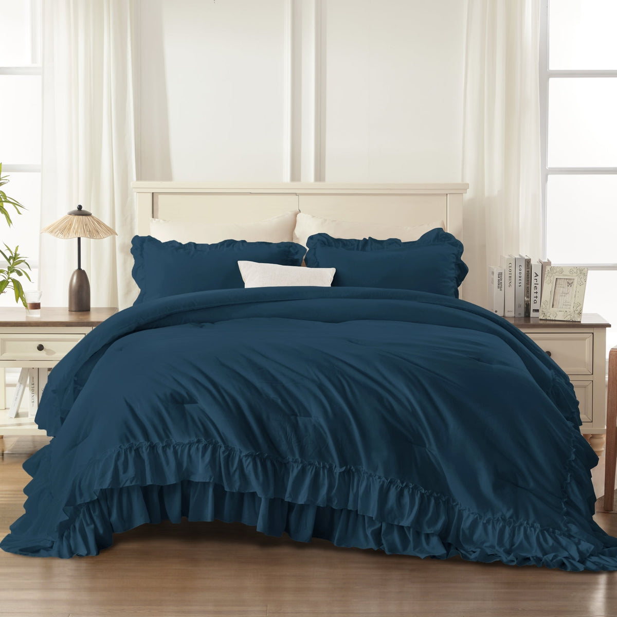 ANGENIA Ruffle Comforter Sets, 3 Pieces Farmhouse Vintage Comforter Sets for Bed, All Season Soft Cozy Fluffy Shabby Chic Bed Set - LITANIKA