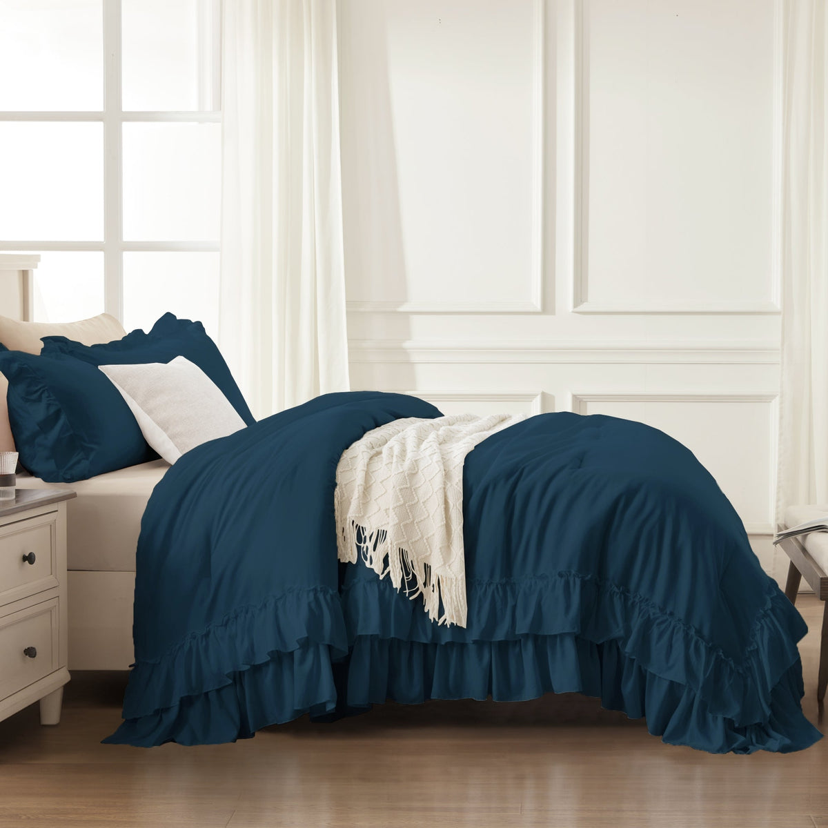 ANGENIA Ruffle Comforter Sets, 3 Pieces Farmhouse Vintage Comforter Sets for Bed, All Season Soft Cozy Fluffy Shabby Chic Bed Set - LITANIKA
