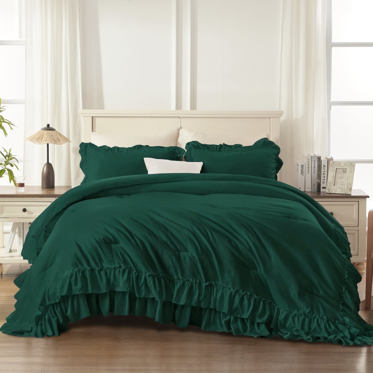 ANGENIA Ruffle Comforter Sets, 3 Pieces Farmhouse Vintage Comforter Sets for Bed, All Season Soft Cozy Fluffy Shabby Chic Bed Set - LITANIKA