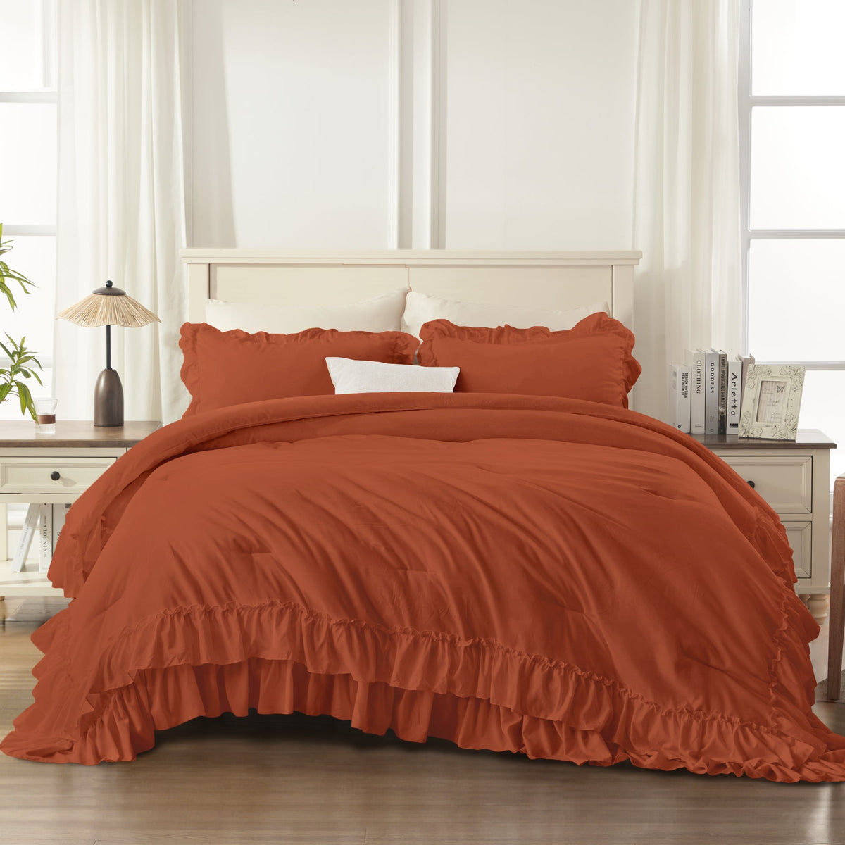 ANGENIA Ruffle Comforter Sets, 3 Pieces Farmhouse Vintage Comforter Sets for Bed, All Season Soft Cozy Fluffy Shabby Chic Bed Set - LITANIKA