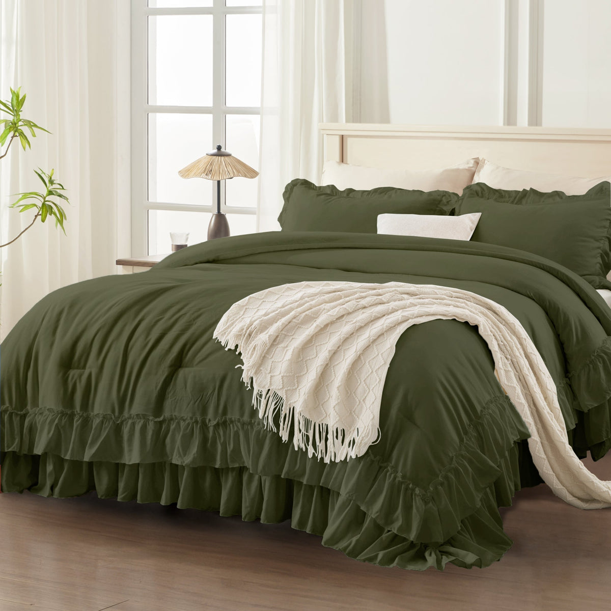 ANGENIA Ruffle Comforter Sets, 3 Pieces Farmhouse Vintage Comforter Sets for Bed, All Season Soft Cozy Fluffy Shabby Chic Bed Set - LITANIKA