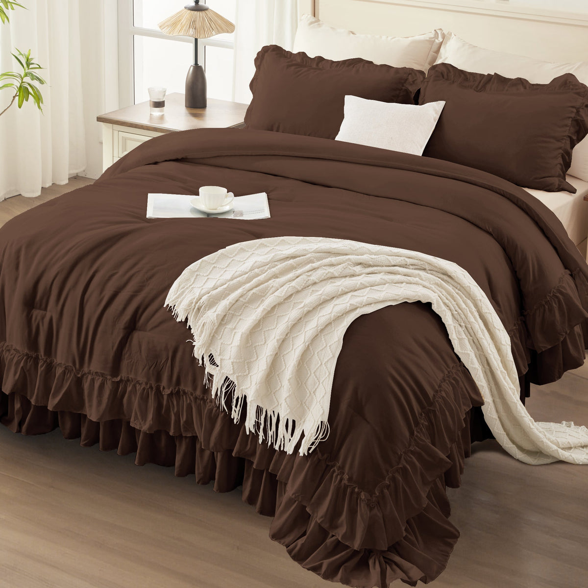ANGENIA Ruffle Comforter Sets, 3 Pieces Farmhouse Vintage Comforter Sets for Bed, All Season Soft Cozy Fluffy Shabby Chic Bed Set - LITANIKA