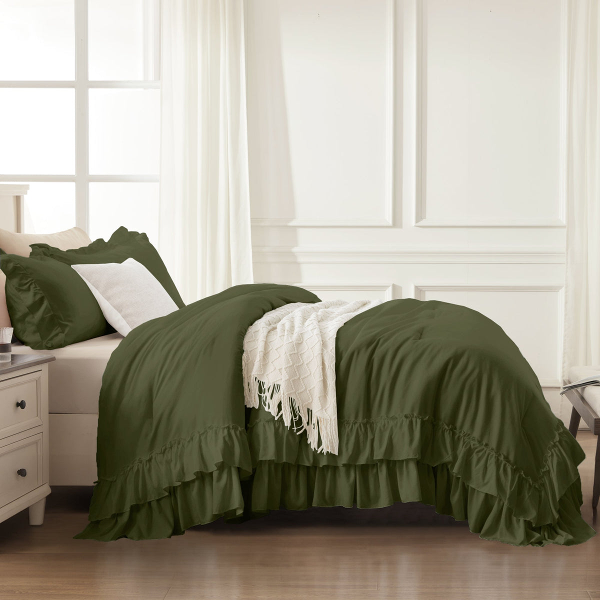 ANGENIA Ruffle Comforter Sets, 3 Pieces Farmhouse Vintage Comforter Sets for Bed, All Season Soft Cozy Fluffy Shabby Chic Bed Set - LITANIKA