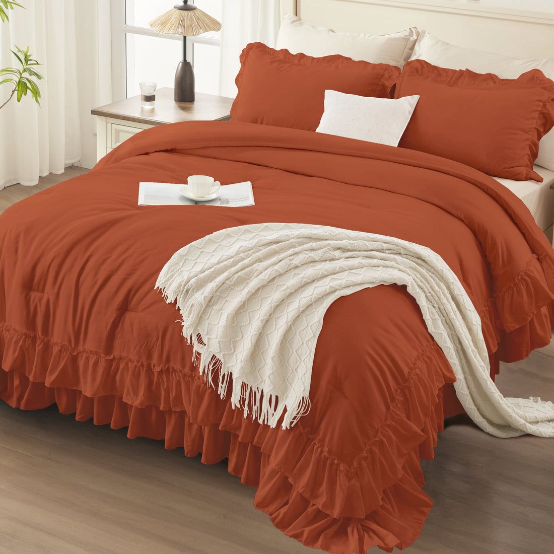 ANGENIA Ruffle Comforter Sets, 3 Pieces Farmhouse Vintage Comforter Sets for Bed, All Season Soft Cozy Fluffy Shabby Chic Bed Set - LITANIKA