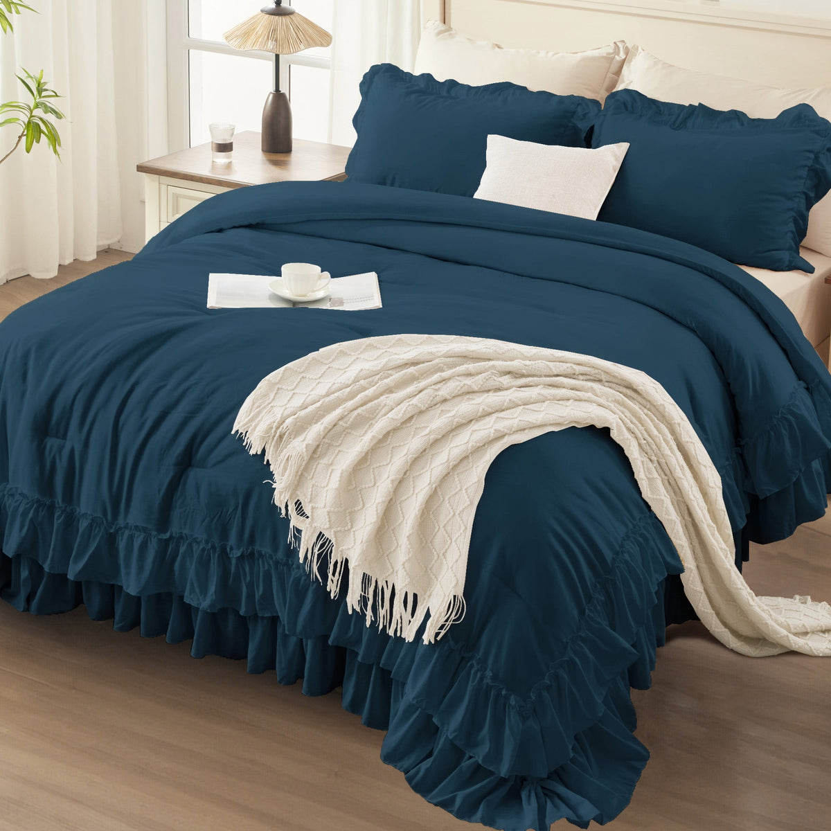 ANGENIA Ruffle Comforter Sets, 3 Pieces Farmhouse Vintage Comforter Sets for Bed, All Season Soft Cozy Fluffy Shabby Chic Bed Set - LITANIKA