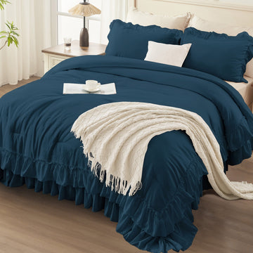 ANGENIA Ruffle Comforter Sets, 3 Pieces Farmhouse Vintage Comforter Sets for Bed, All Season Soft Cozy Fluffy Shabby Chic Bed Set - LITANIKA