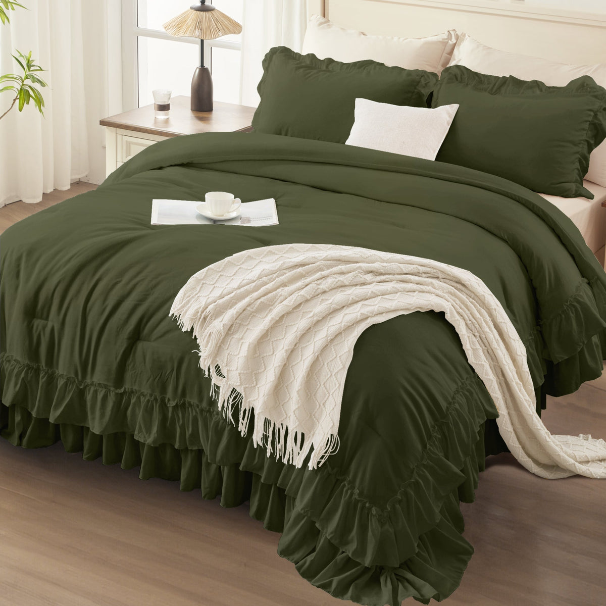 ANGENIA Ruffle Comforter Sets, 3 Pieces Farmhouse Vintage Comforter Sets for Bed, All Season Soft Cozy Fluffy Shabby Chic Bed Set - LITANIKA