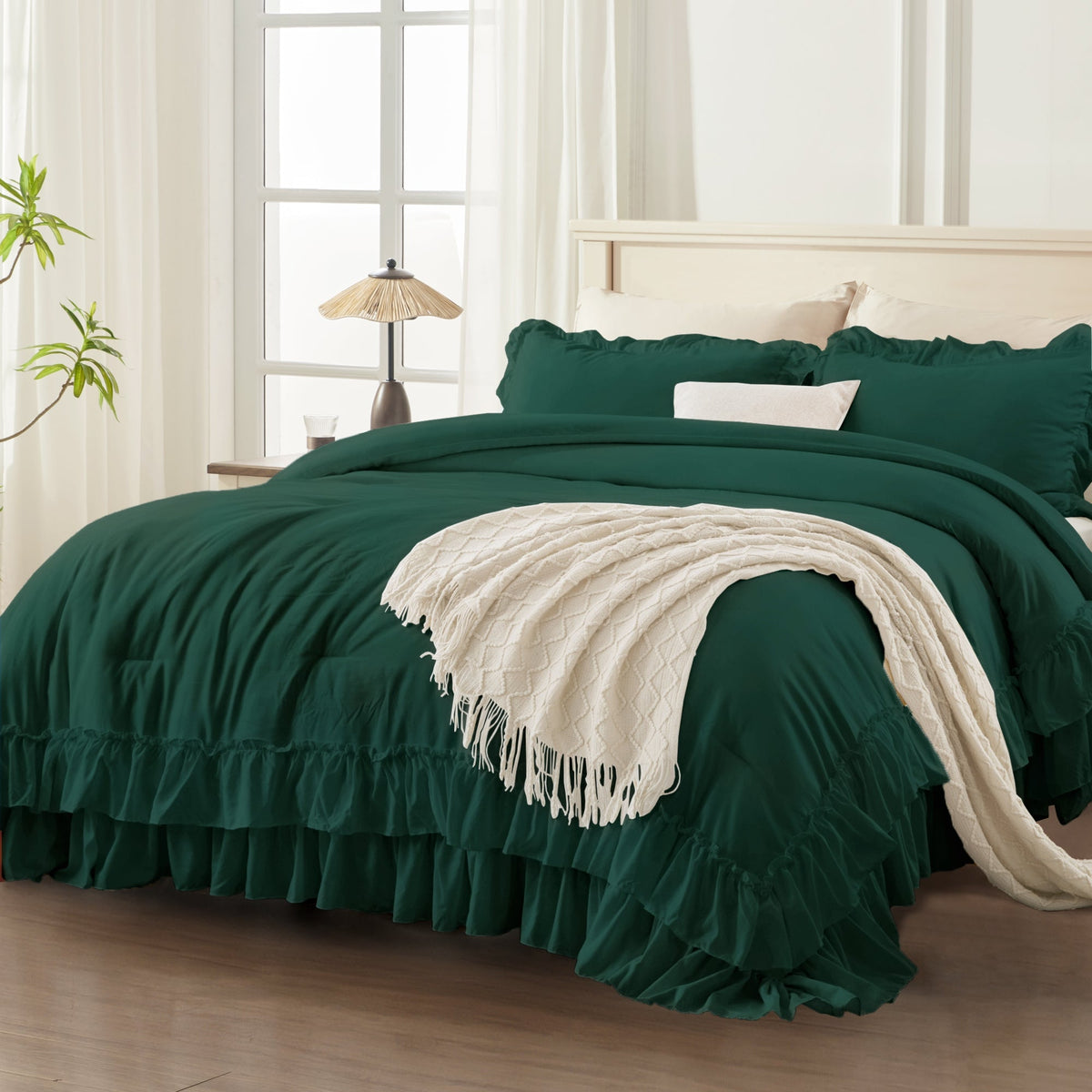 ANGENIA Ruffle Comforter Sets, 3 Pieces Farmhouse Vintage Comforter Sets for Bed, All Season Soft Cozy Fluffy Shabby Chic Bed Set - LITANIKA