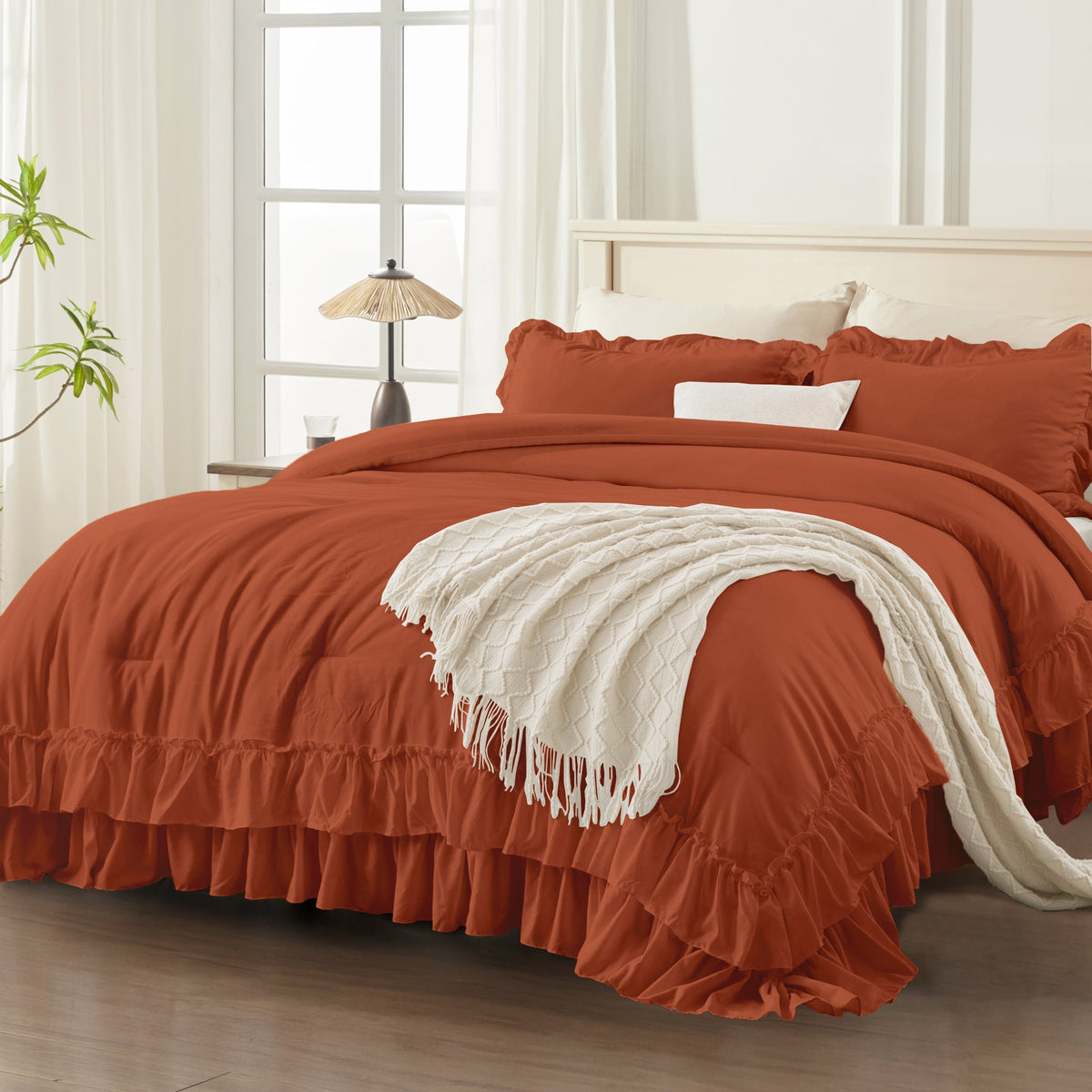 ANGENIA Ruffle Comforter Sets, 3 Pieces Farmhouse Vintage Comforter Sets for Bed, All Season Soft Cozy Fluffy Shabby Chic Bed Set - LITANIKA