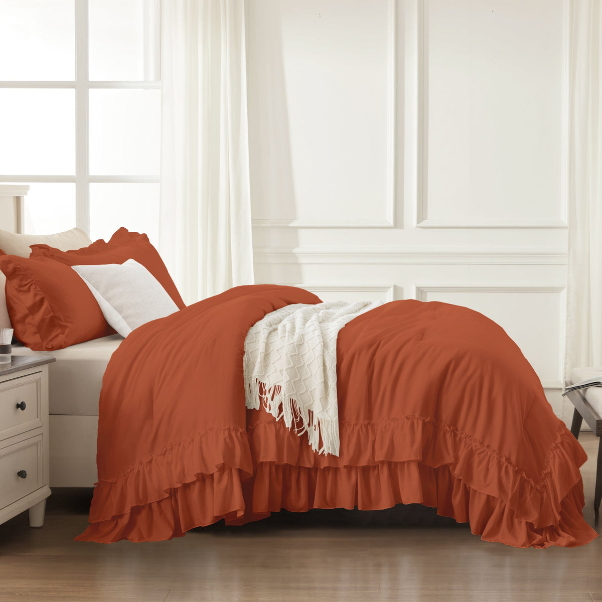 ANGENIA Ruffle Comforter Sets, 3 Pieces Farmhouse Vintage Comforter Sets for Bed, All Season Soft Cozy Fluffy Shabby Chic Bed Set - LITANIKA