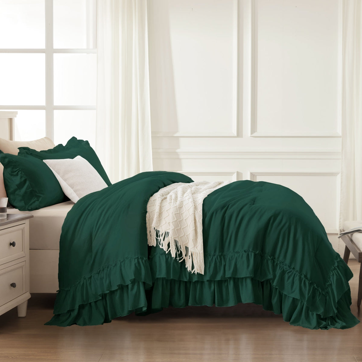 ANGENIA Ruffle Comforter Sets, 3 Pieces Farmhouse Vintage Comforter Sets for Bed, All Season Soft Cozy Fluffy Shabby Chic Bed Set - LITANIKA