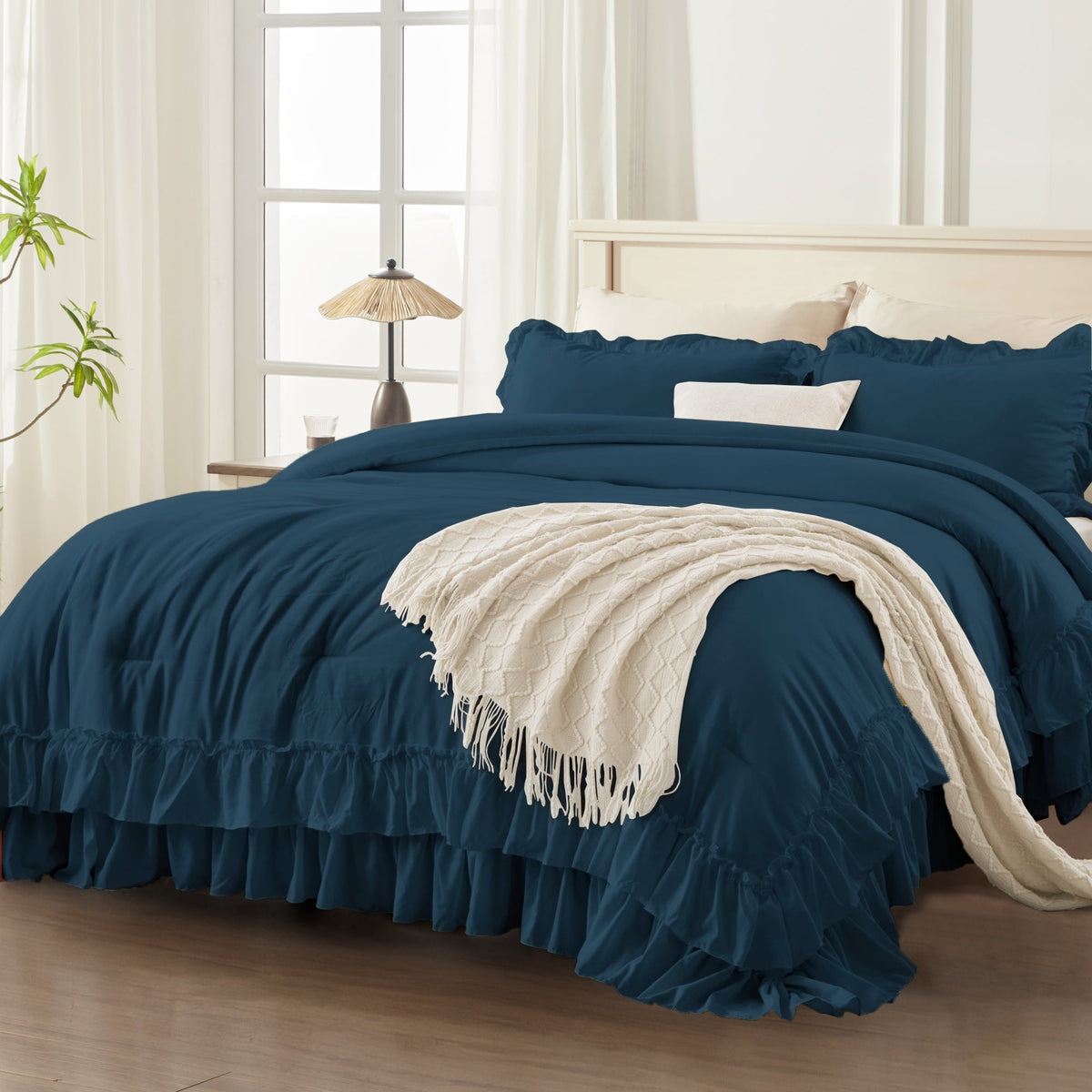 ANGENIA Ruffle Comforter Sets, 3 Pieces Farmhouse Vintage Comforter Sets for Bed, All Season Soft Cozy Fluffy Shabby Chic Bed Set - LITANIKA