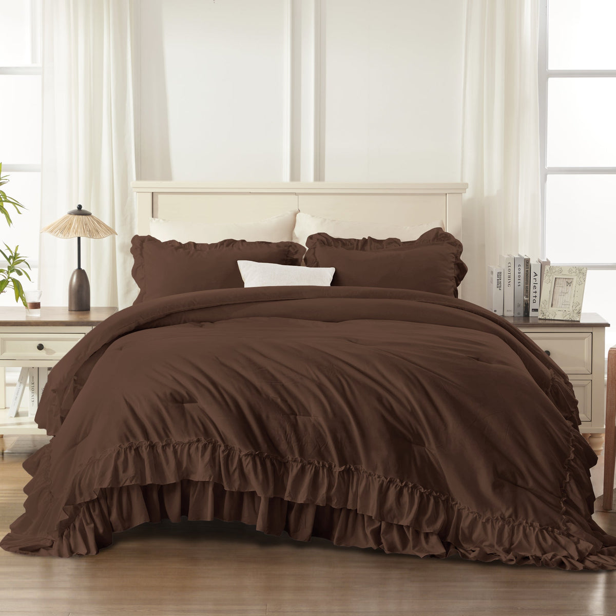 ANGENIA Ruffle Comforter Sets, 3 Pieces Farmhouse Vintage Comforter Sets for Bed, All Season Soft Cozy Fluffy Shabby Chic Bed Set - LITANIKA