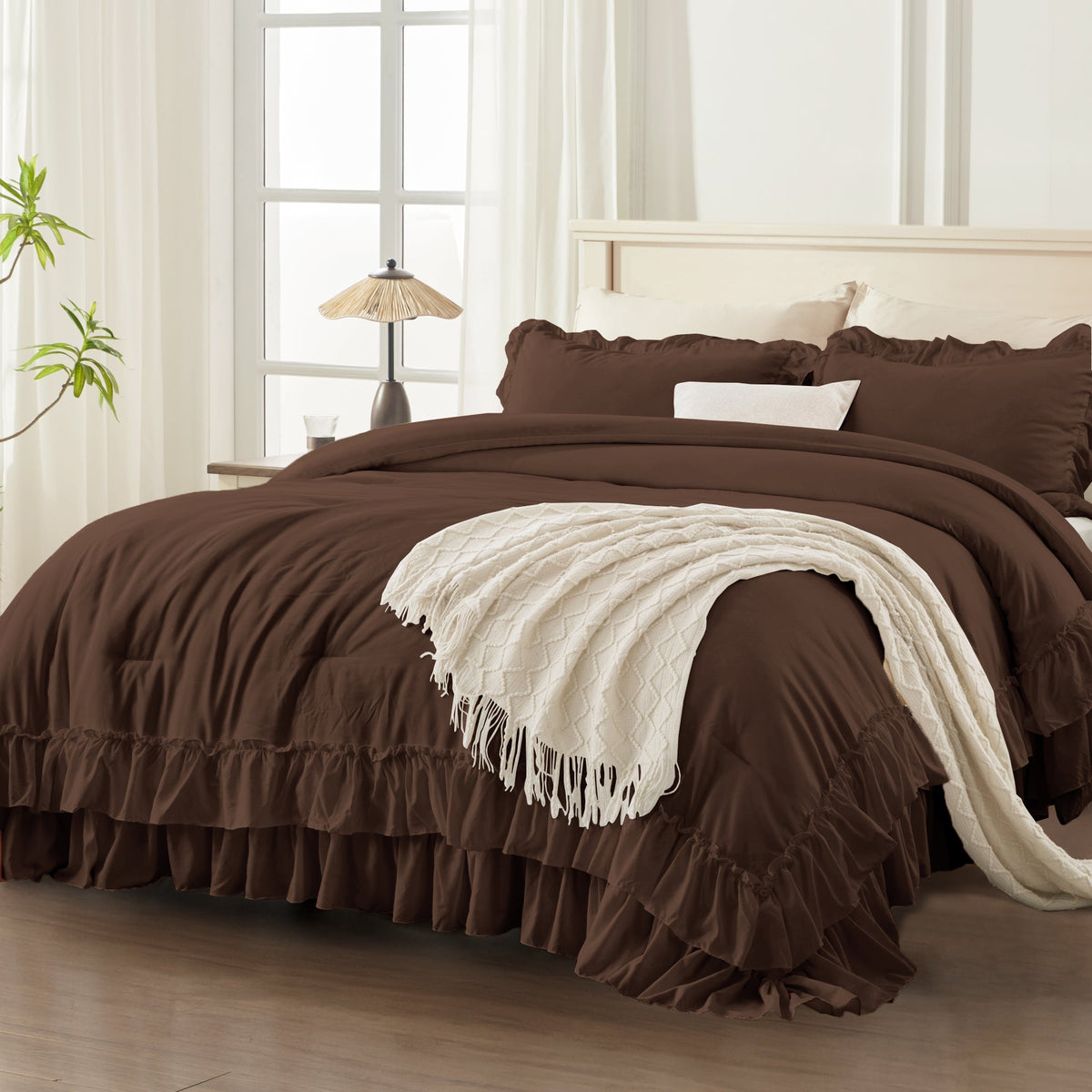 ANGENIA Ruffle Comforter Sets, 3 Pieces Farmhouse Vintage Comforter Sets for Bed, All Season Soft Cozy Fluffy Shabby Chic Bed Set - LITANIKA