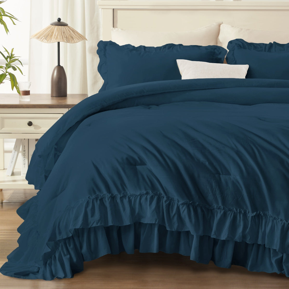 ANGENIA Ruffle Comforter Sets, 3 Pieces Farmhouse Vintage Comforter Sets for Bed, All Season Soft Cozy Fluffy Shabby Chic Bed Set - LITANIKA