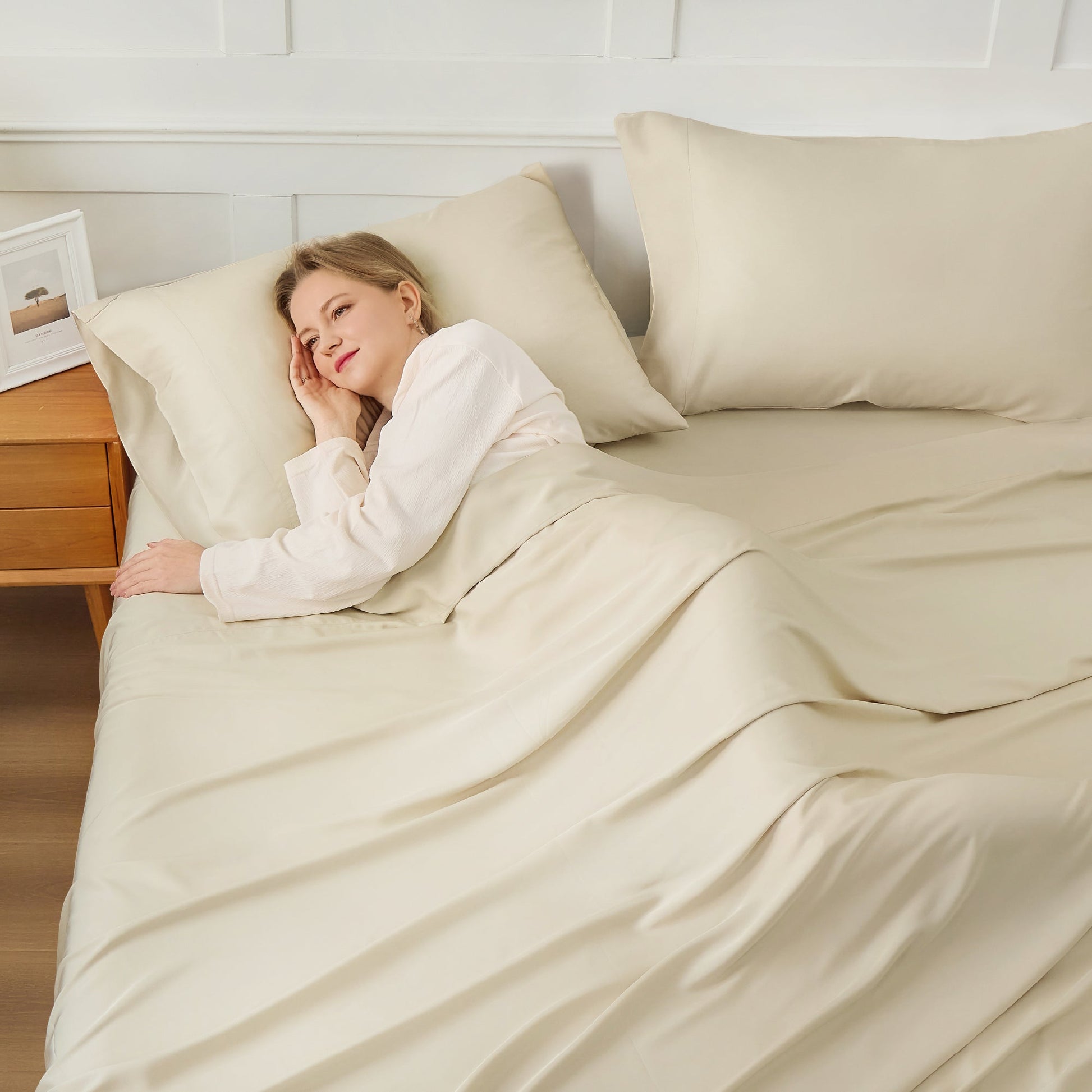 Litanika bamboo viscose silky soft bedding sheets set with smooth, breathable fabric and a modern design for comfortable sleep.