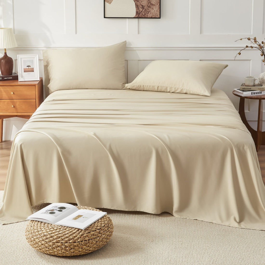 Litanika bamboo viscose silky soft sheets set in soothing colors, showcasing smooth texture and elegant drape.