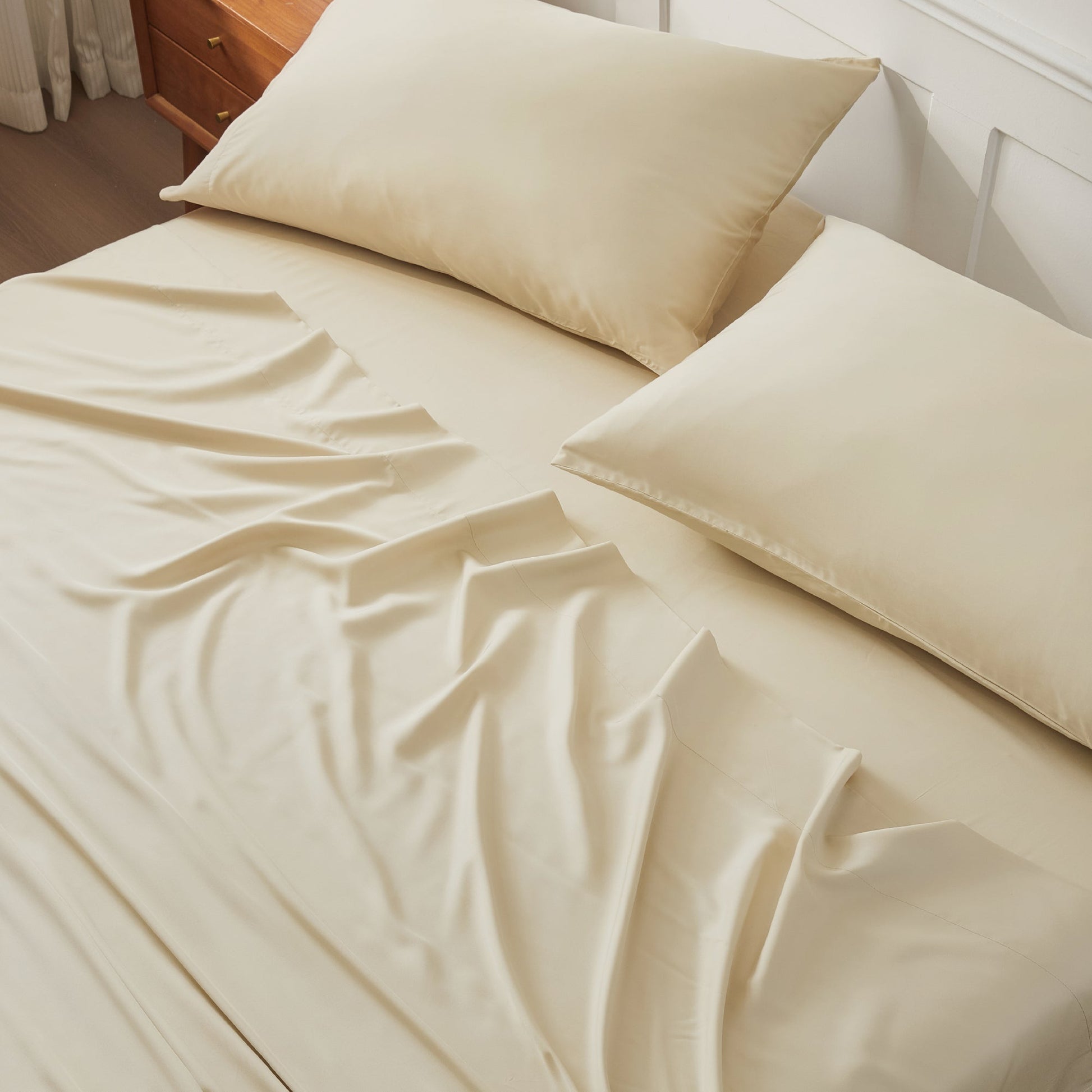 Litanika bamboo viscose silky soft bedding sheets set with smooth, luxurious fabric and a neutral color for comfortable sleep.