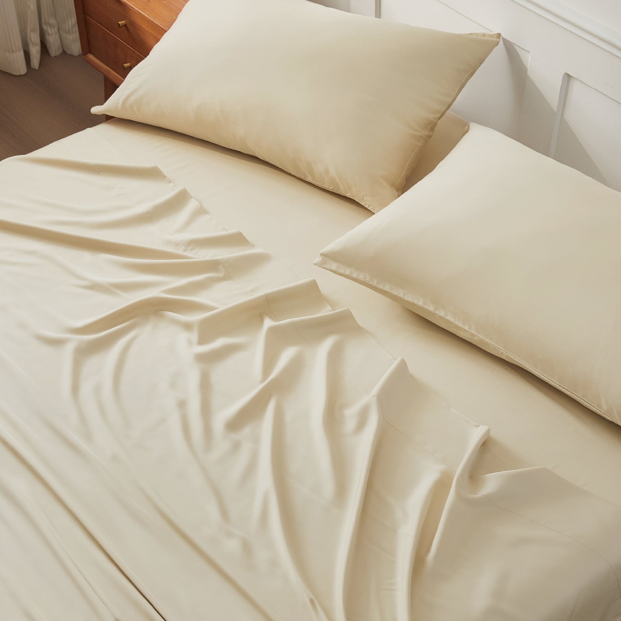Litanika bamboo viscose silky soft bedding sheets set with smooth, luxurious fabric and a neutral color for comfortable sleep.