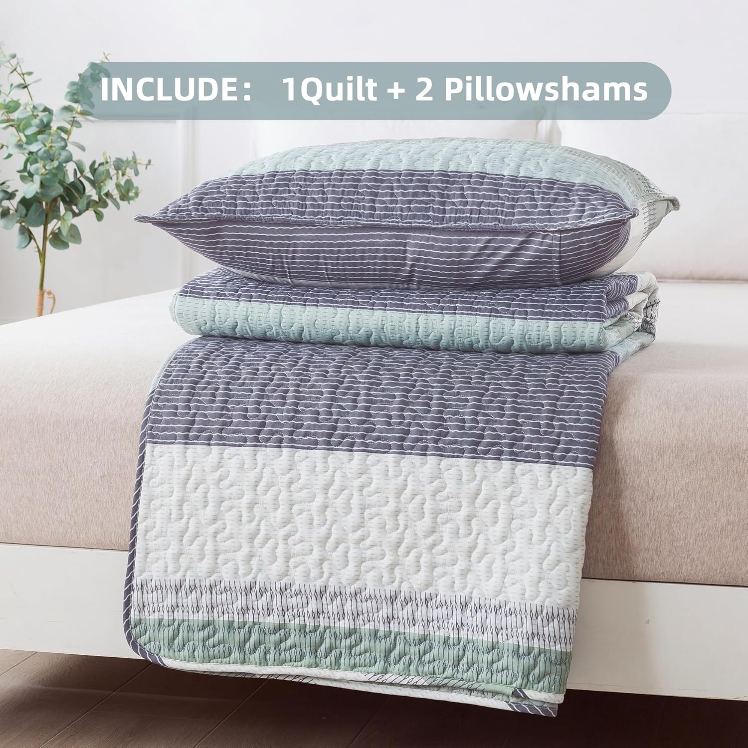 Bedspread & Coverlet Stripe Patchwork 3 Pieces Quilt Set - LITANIKA