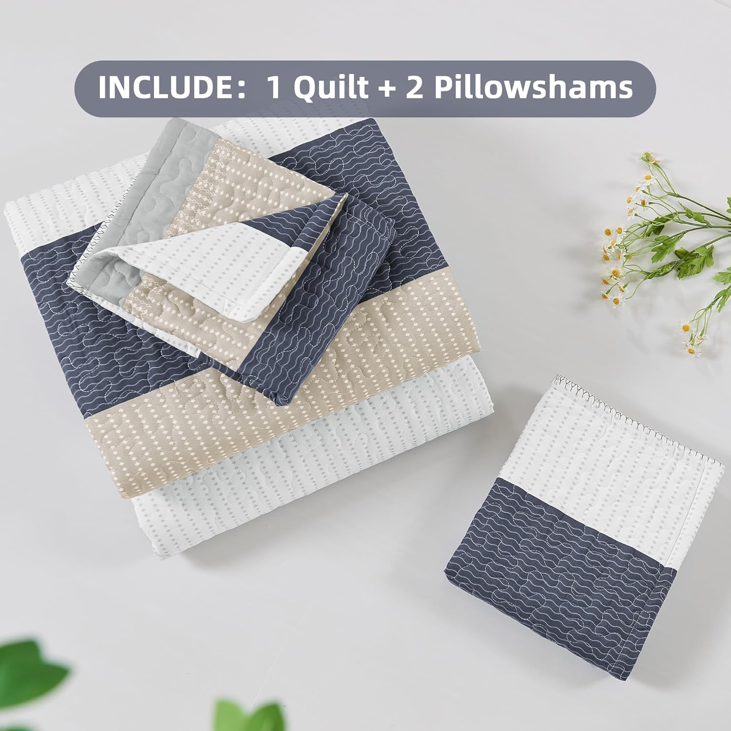 Bedspread & Coverlet Stripe Patchwork 3 Pieces Quilt Set - LITANIKA