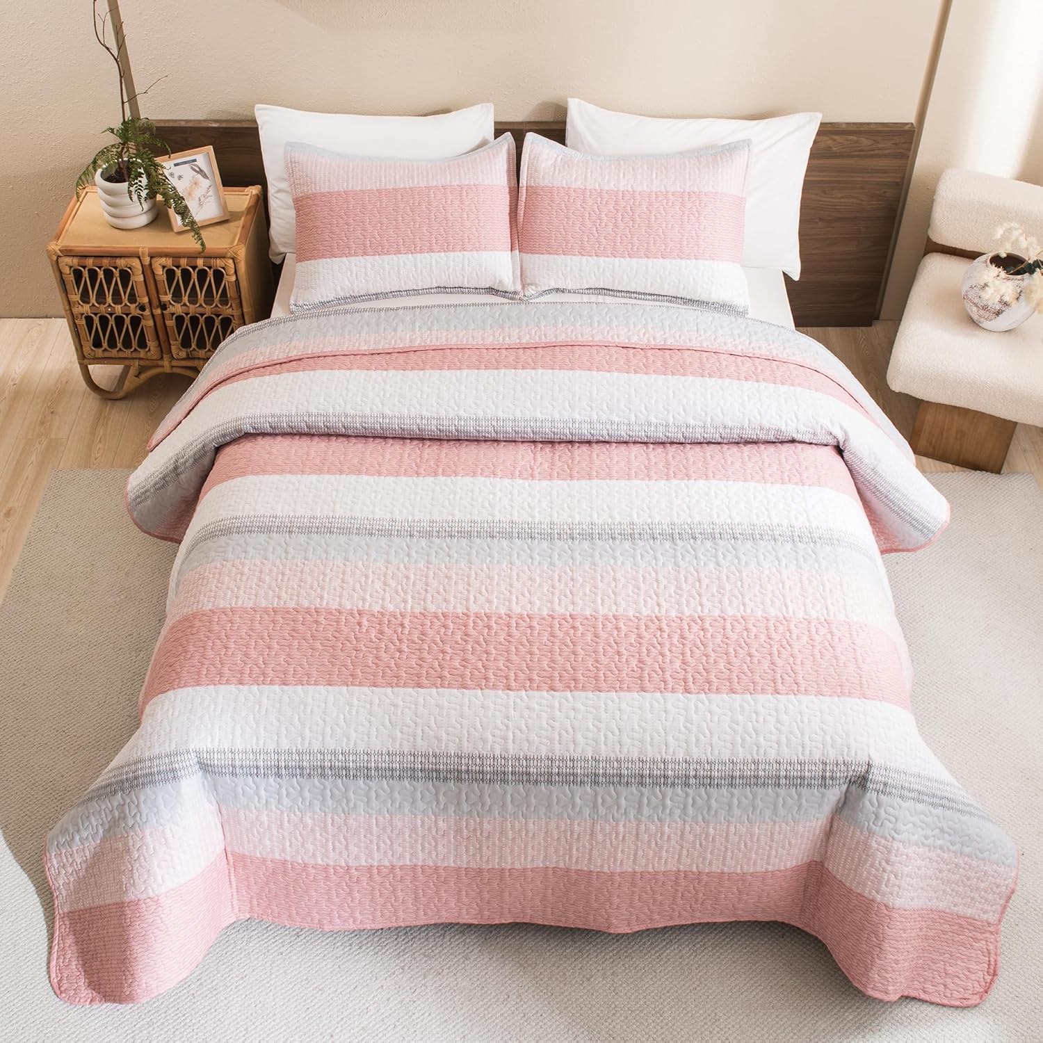 Bedspread & Coverlet Stripe Patchwork 3 Pieces Quilt Set - LITANIKA