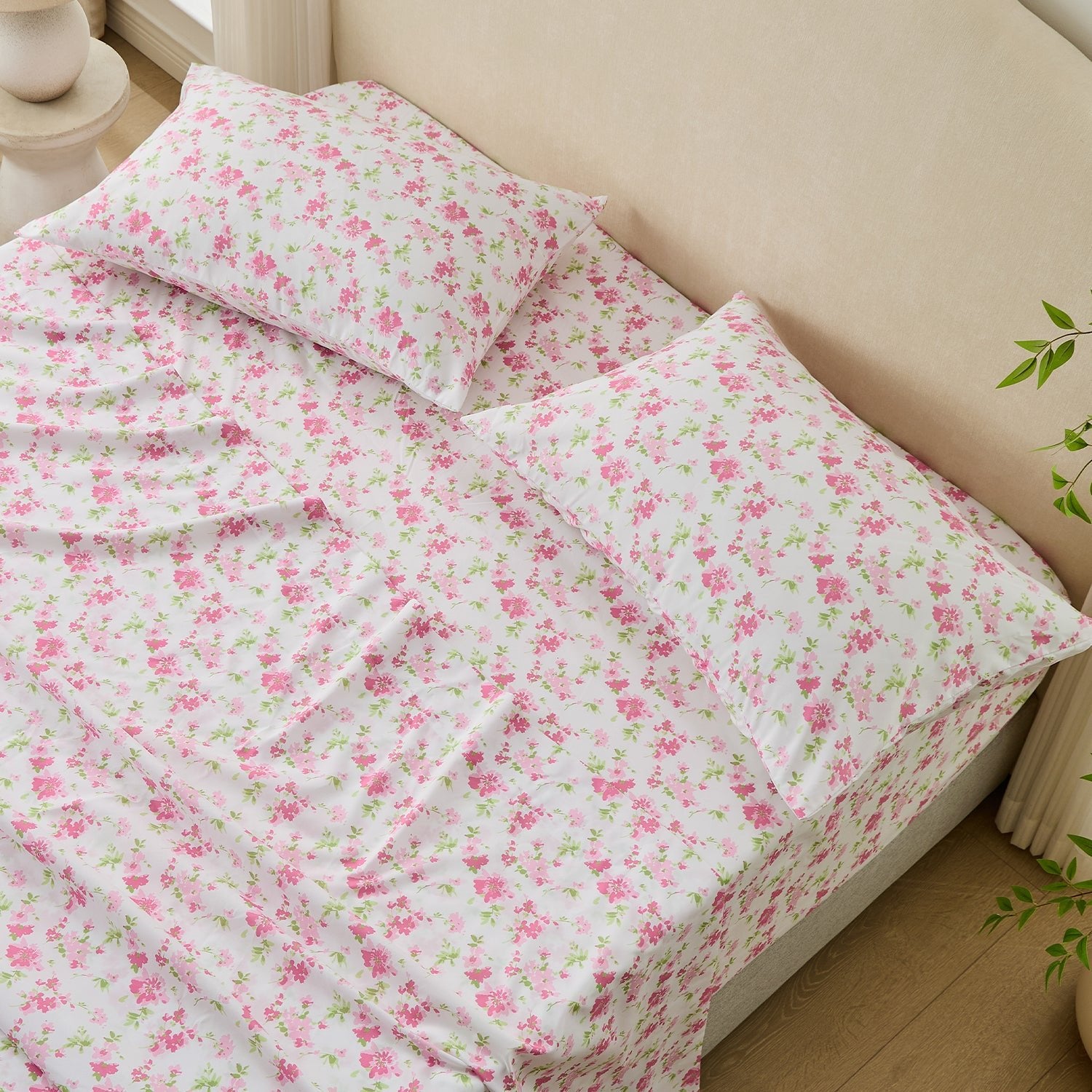 Litanika Blossom Light Floral 4-Piece Bedding Sheet Set with soft, pastel floral pattern and smooth fabric for a cozy bedroom look.