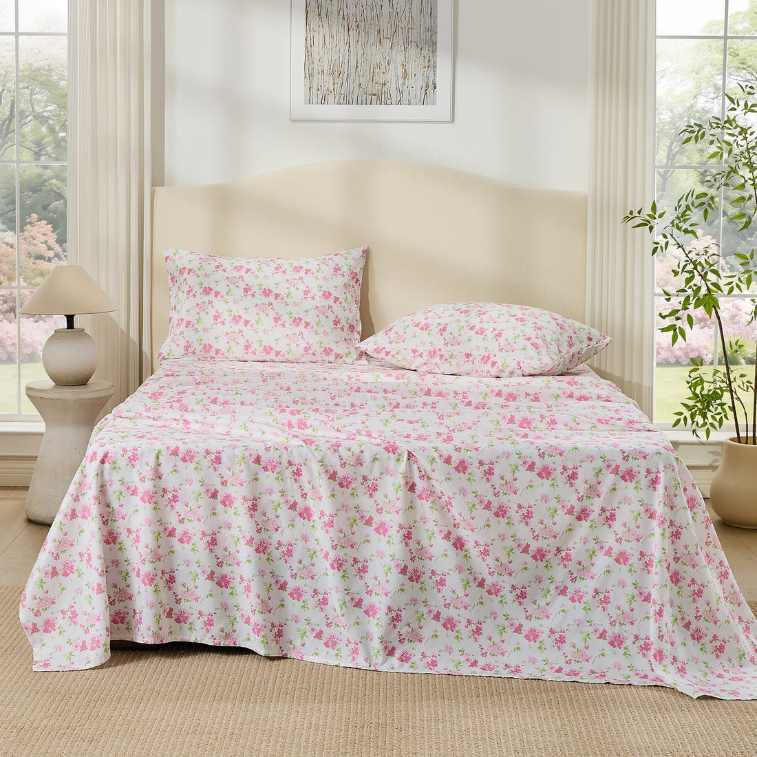 Litanika Blossom Light Floral 4-piece bedding sheet set with pastel floral pattern on soft fabric for a cozy bedroom look.