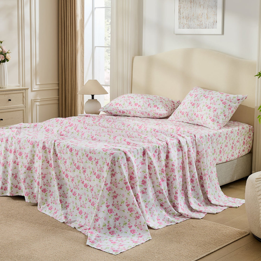 Litanika Blossom Light Floral 4-piece bedding sheet set with soft, floral-patterned fabric for a cozy bedroom look.