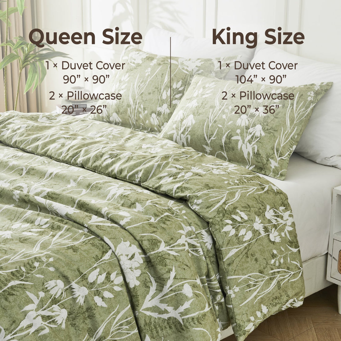 Botanical Floral 3-Piece Duvet Cover Set-Green & Grey - LITANIKA