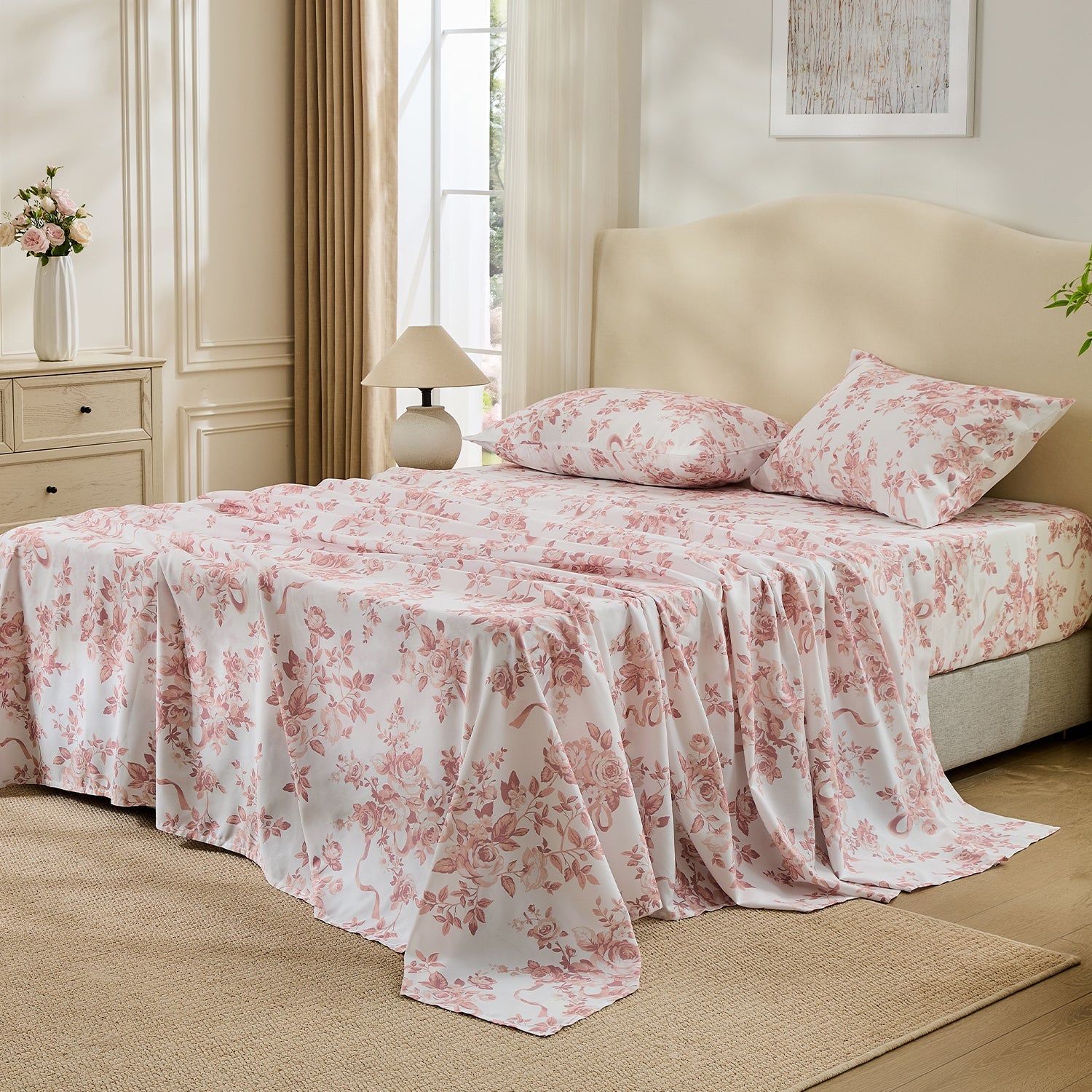 Litanika botanical floral 4-piece sheet set with colorful floral patterns on soft bedding fabric.