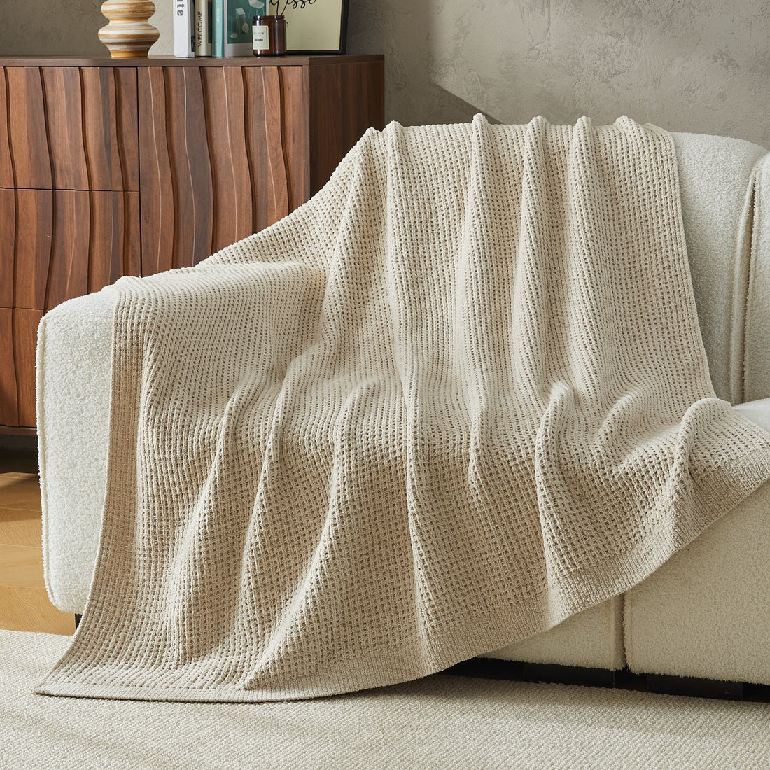 Litanika chenille knit waffle throw blanket in soft beige, cozy bedding accessory with textured waffle pattern.