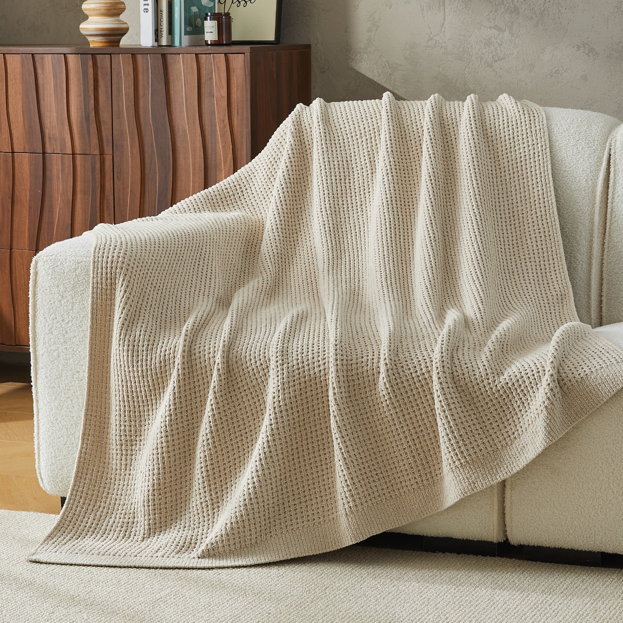 Litanika chenille knit waffle throw blanket in soft, textured bedding with a cozy waffle pattern for warmth and comfort.