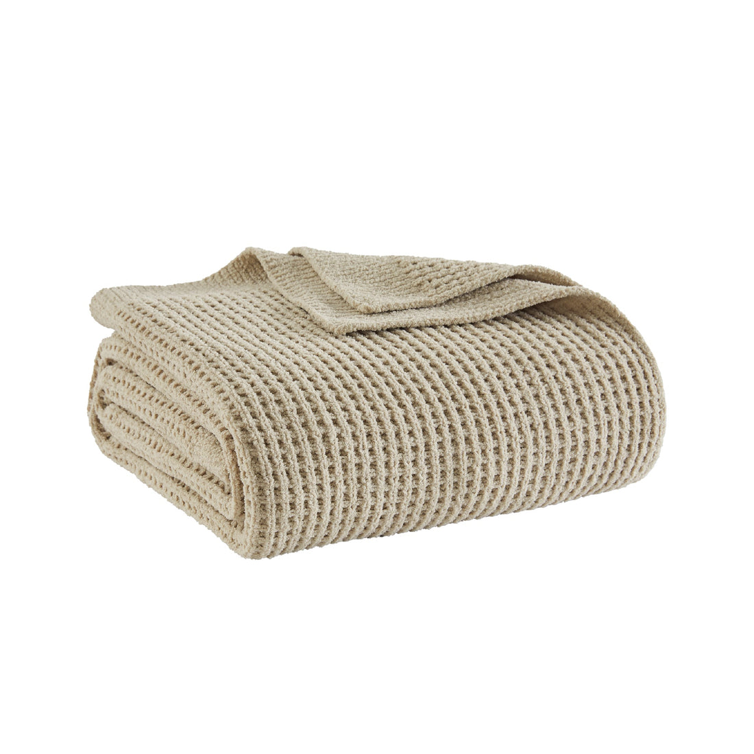 Litanika chenille knit waffle throw blanket in soft beige, cozy bedding accessory with textured waffle pattern.