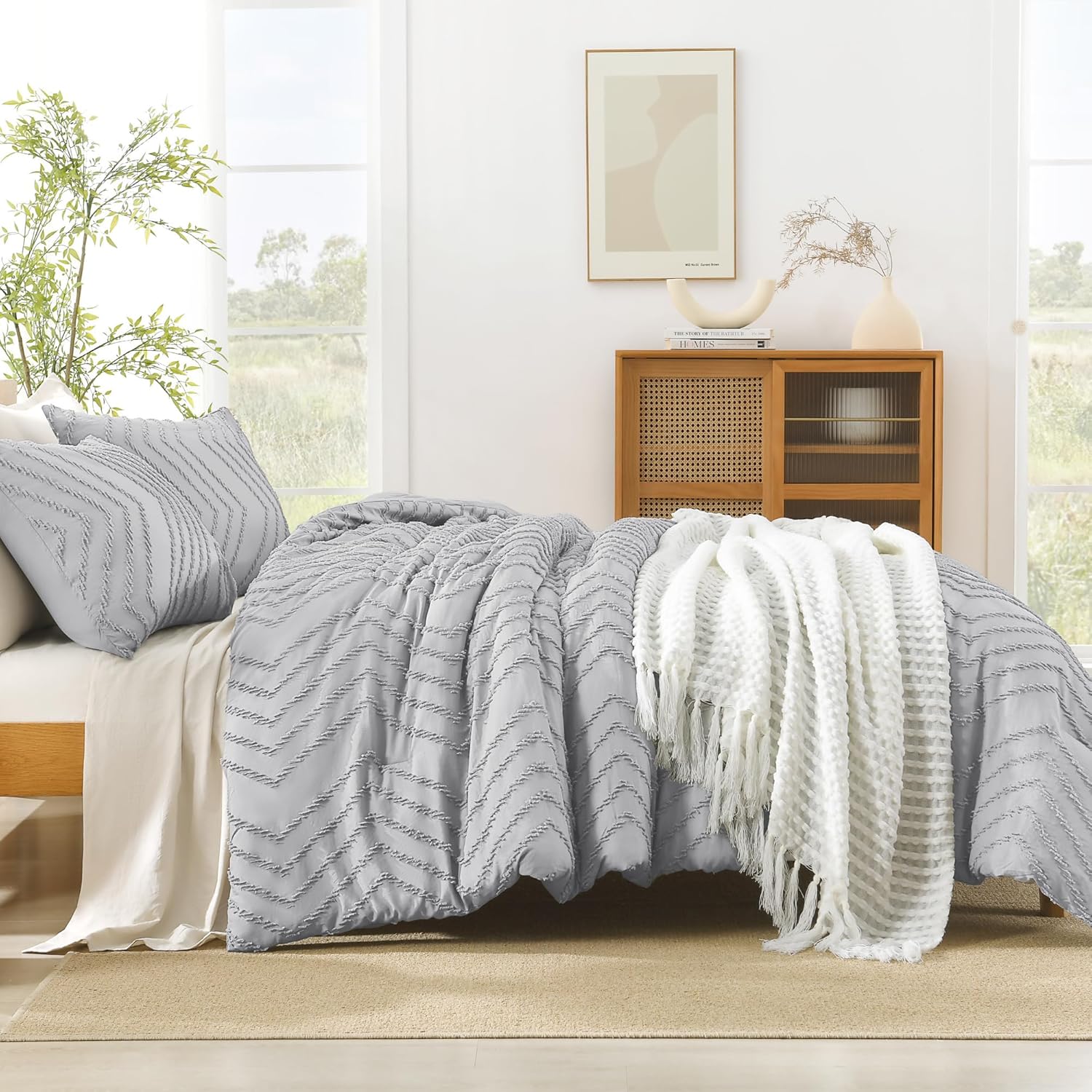 Litanika Cozy Bedding 3-piece chevron comforter set with matching pillow shams and bed skirt on a neatly made bed.