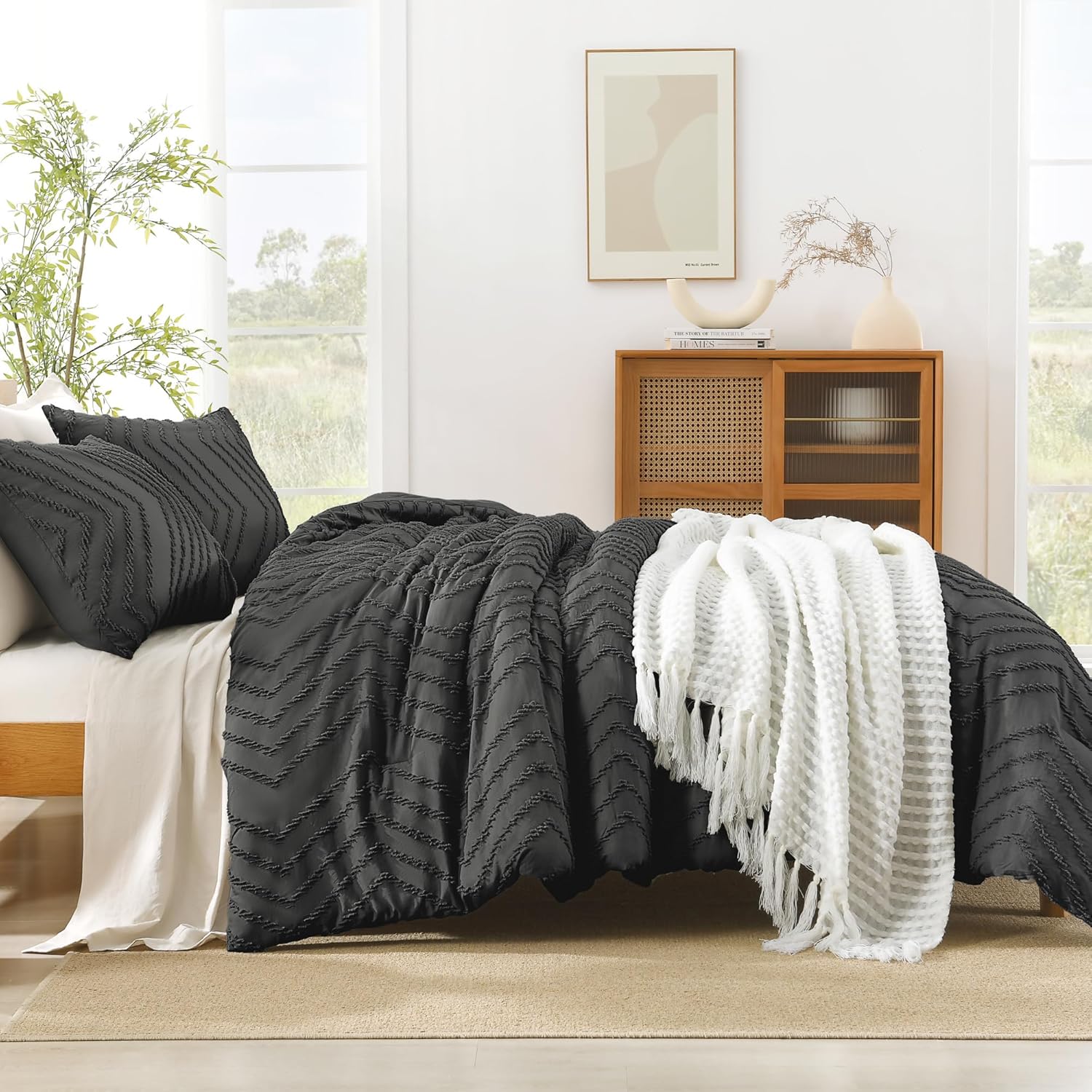 Litanika Cozy Bedding 3-Piece Chevron Comforter Set with matching pillow shams and bed skirt in soft, patterned fabric.