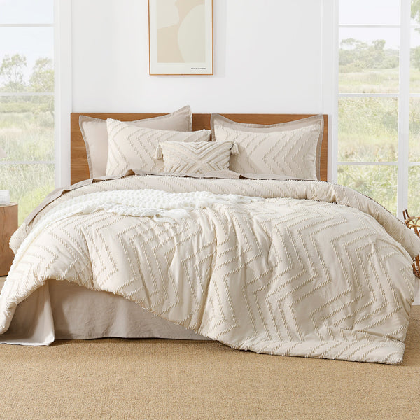 Litanika Cozy Bedding 3-piece chevron comforter set with matching pillow shams and bedsheets on a neatly made bed.