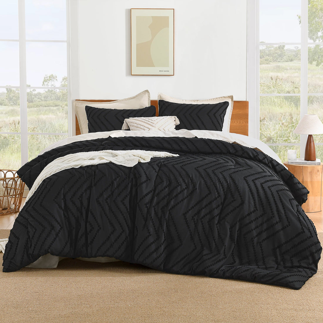 Litanika cozy bedding 3-piece chevron comforter set with matching pillow shams on a neatly made bed.