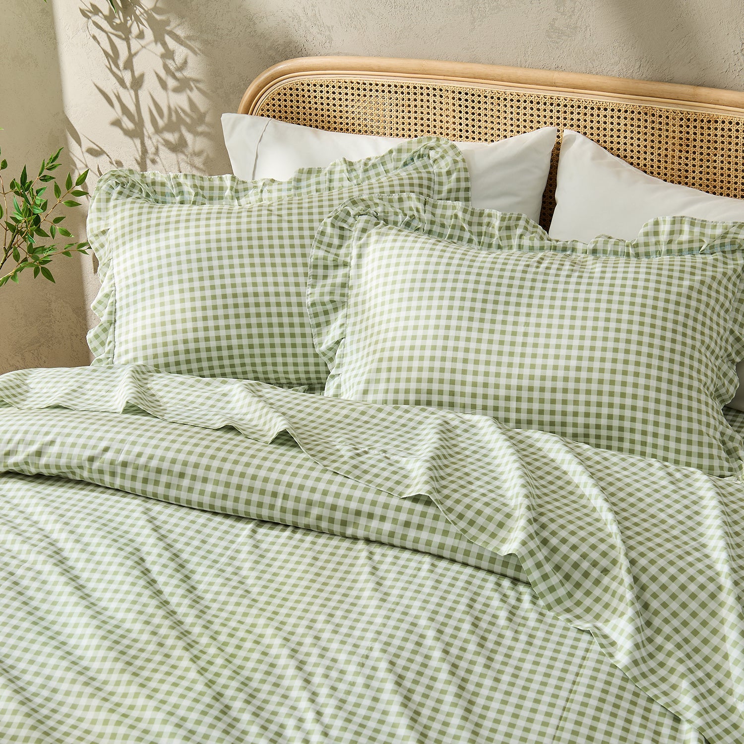 Farmhouse Gingham Ruffle 3-piece duvet cover set by Litanika featuring gingham pattern and ruffled edges on bedding.