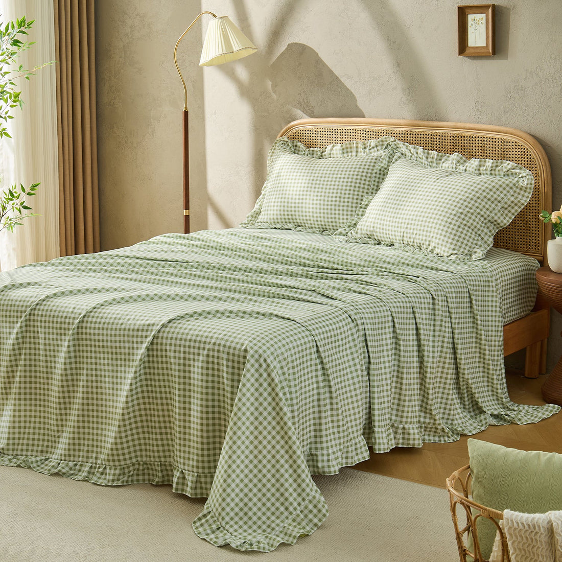 Litanika farmhouse gingham ruffle 4-piece bedding sheet set with classic checkered pattern and ruffled edges on the sheets and pillowcases.