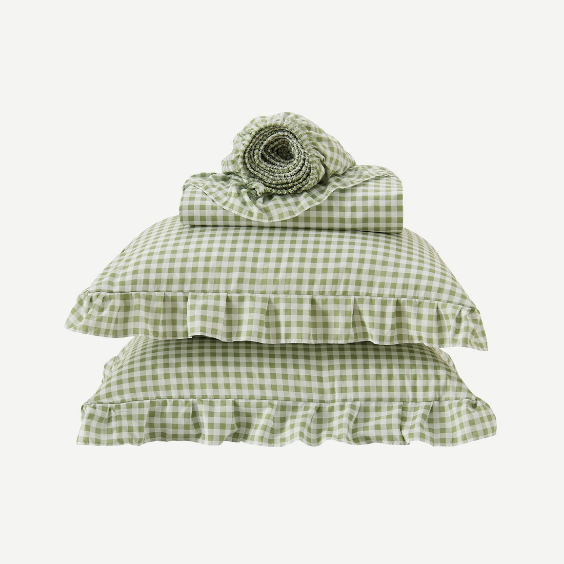 Litanika farmhouse gingham ruffle 4-piece bedding sheet set with classic checkered pattern and ruffled edges on the sheets and pillowcases.