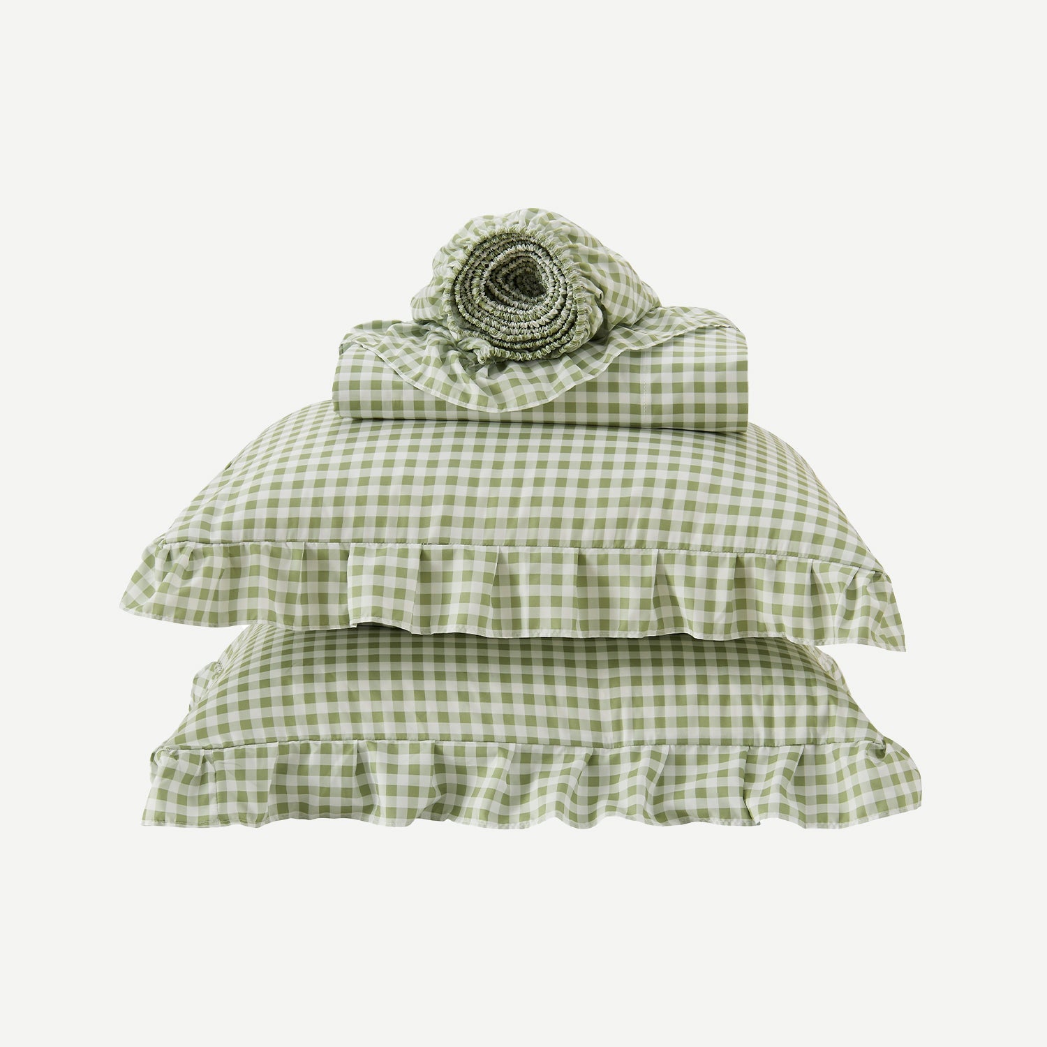 Litanika farmhouse gingham ruffle 4-piece bedding sheet set with classic checkered pattern and ruffled edges on the sheets and pillowcases.