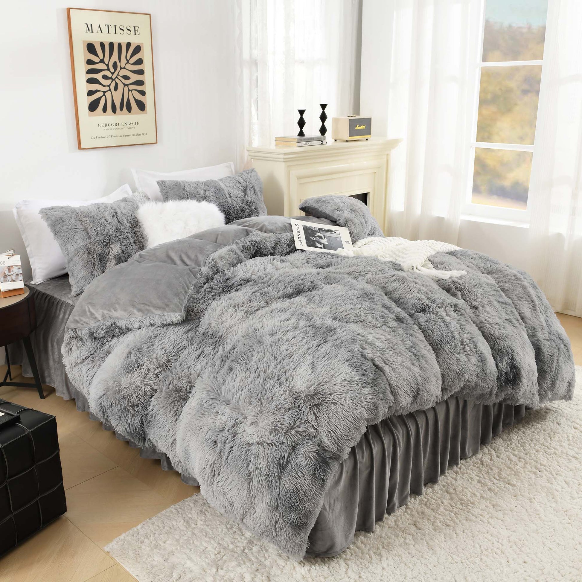 Litanika fluffy luxury shaggy plush comforter set in soft velvet, featuring three pieces for cozy bedding.