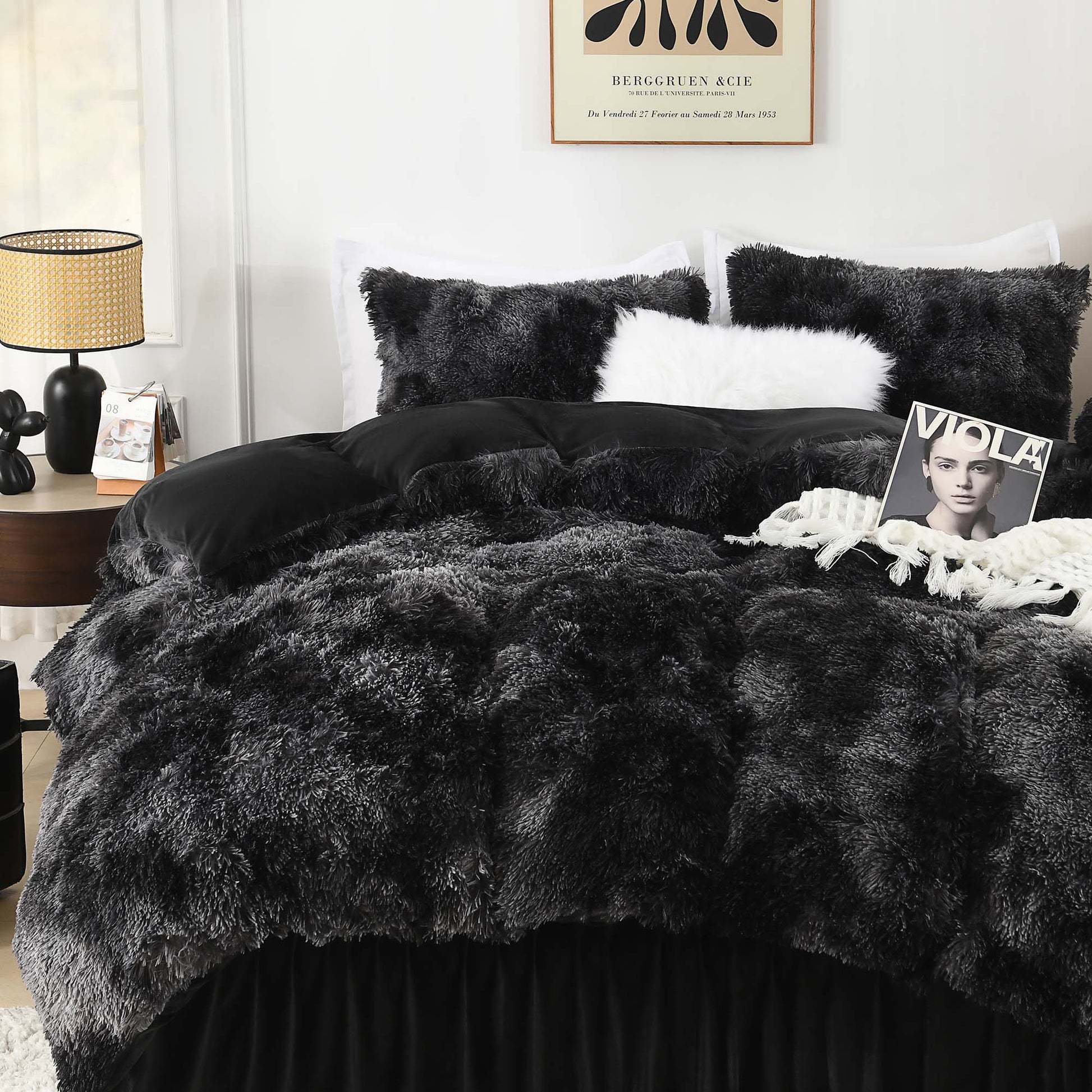Litanika fluffy luxury shaggy plush comforter set in soft velvet, featuring three pieces for cozy bedding.