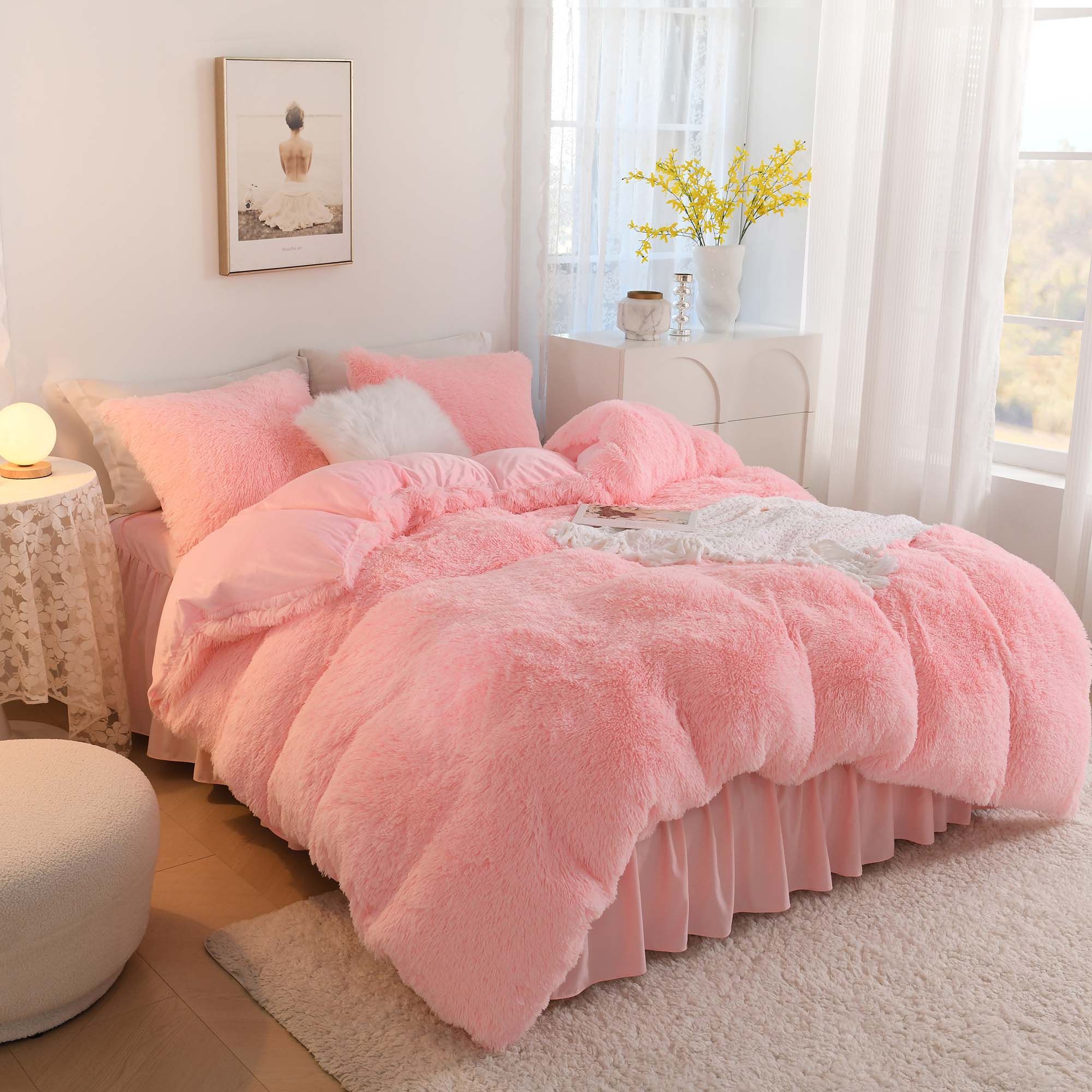 Litanika fluffy luxury shaggy plush comforter set in soft velvet, featuring three pieces for cozy bedding decor.