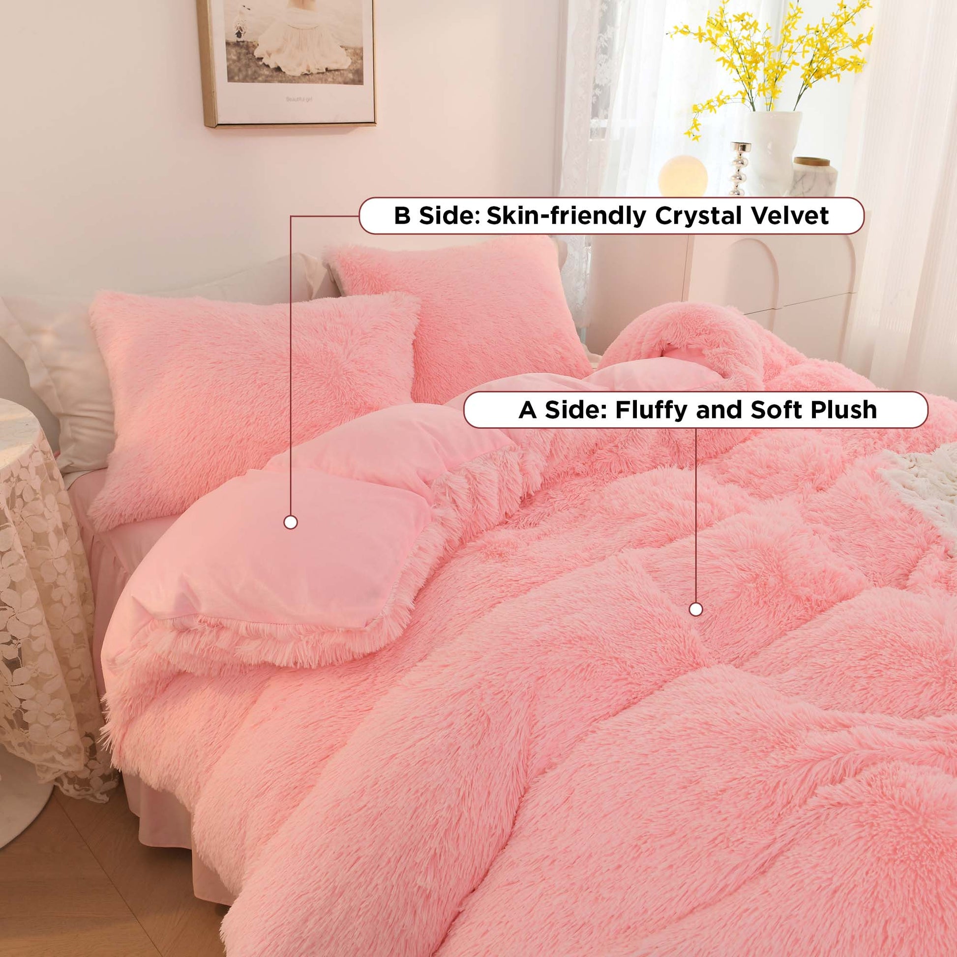 Litanika fluffy shaggy plush velvet comforter set in soft neutral tones, showcasing three cozy bedding pieces.