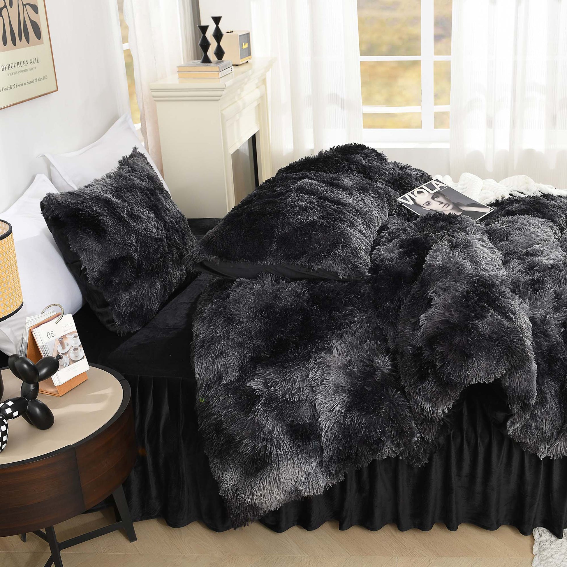 Litanika fluffy luxury shaggy plush comforter set in warm velvet, featuring three soft bedding pieces for cozy warmth.
